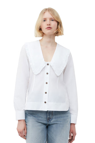 Cotton Poplin V-Neck Frill Collar Shirt