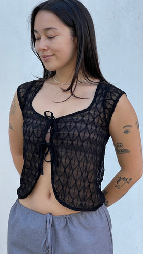 Black Geo Lace Tie Front Top