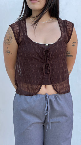 Brown Geo Lace Tie Front Top