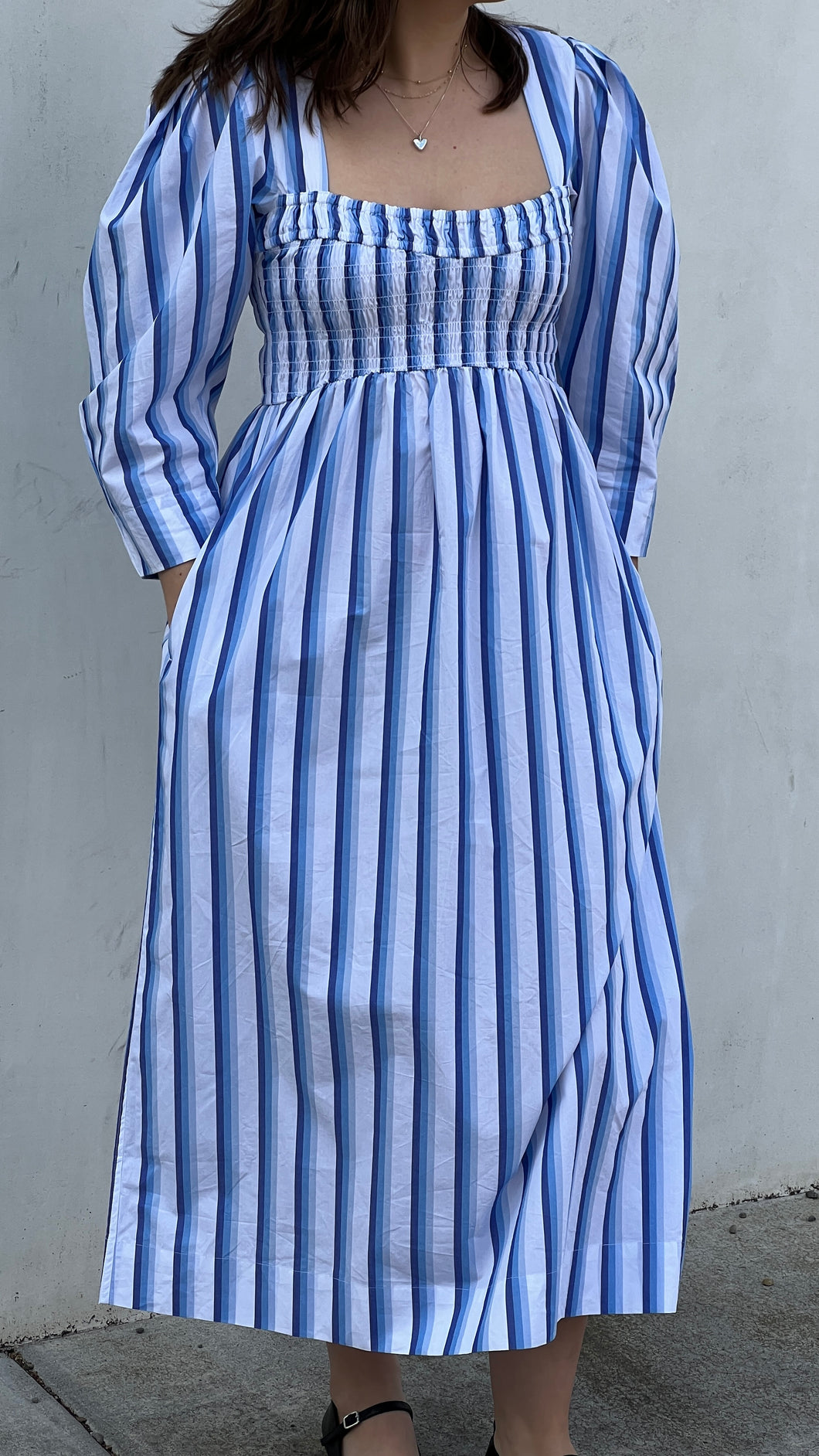 Blue Striped Cotton Smock Long Dress